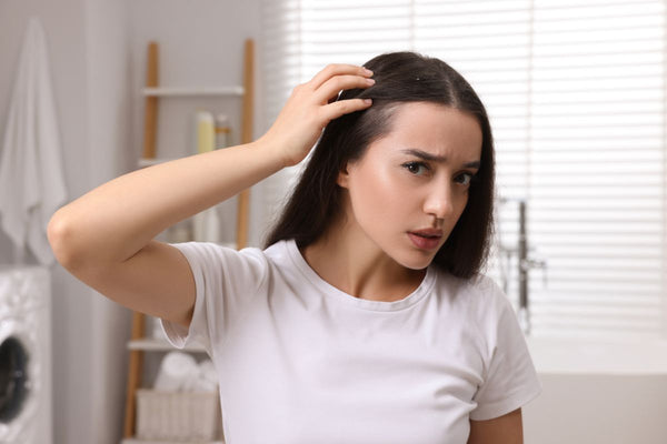 Woman Examining Her Hair and Scalp in Bathroom
